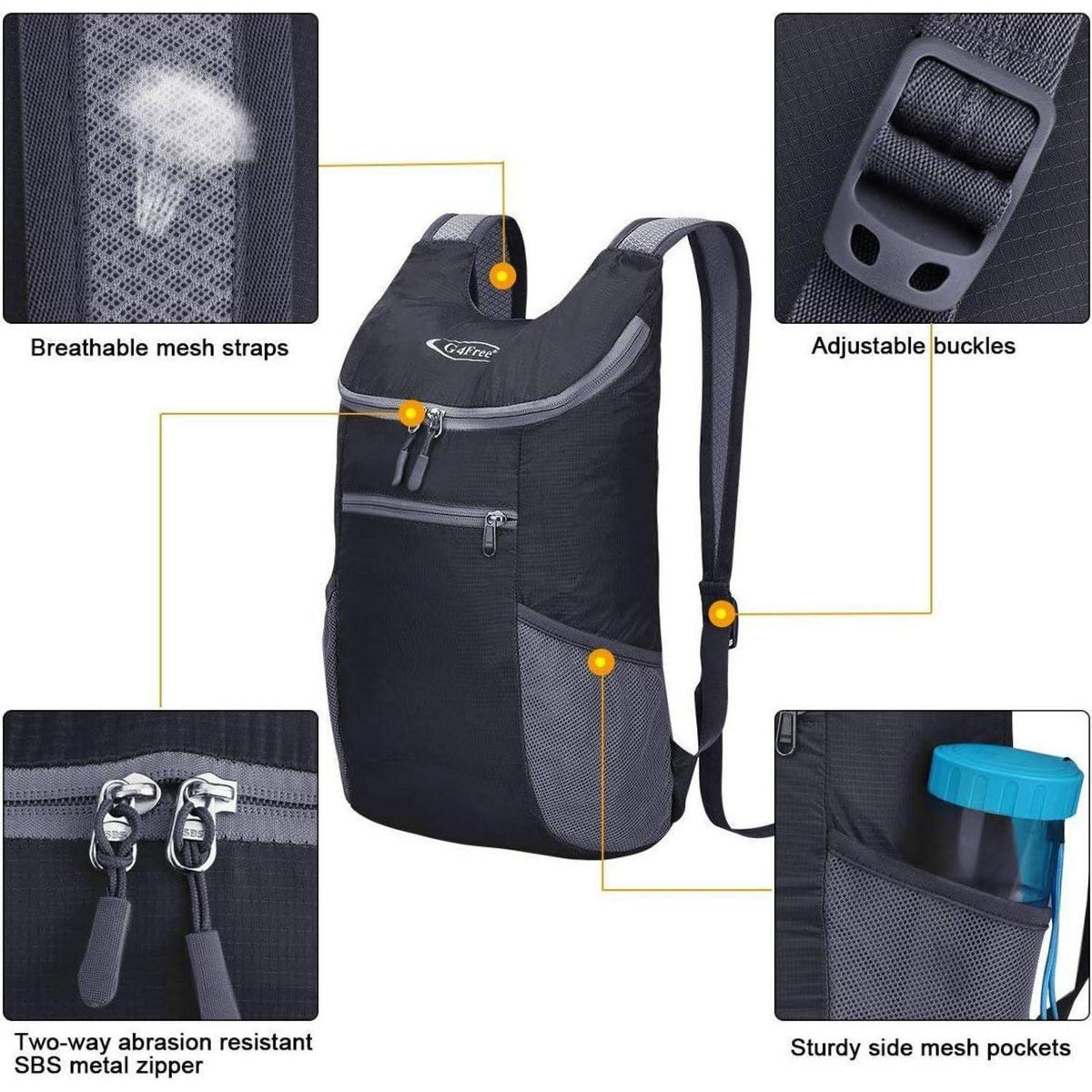 Faltbarer Wanderrucksack 11L ultraleicht für Damen und Herren Schwarz
