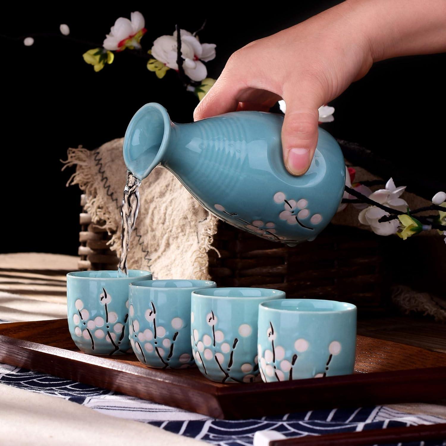 Porzellan Sake Set Kirschblüte, Japanischer Stil, 1 Flasche 250 ml 4 Tassen 40 ml Blau