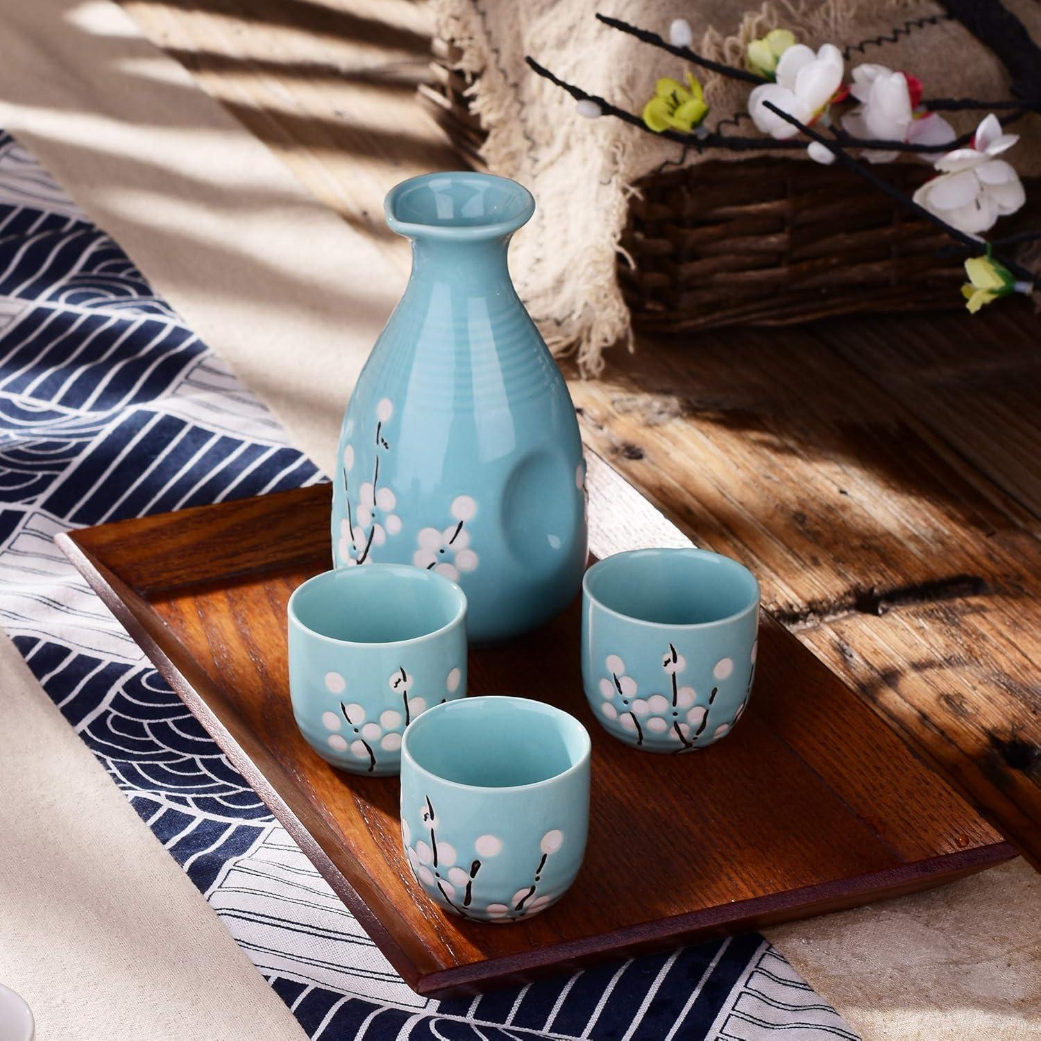 Porzellan Sake Set Kirschblüte, Japanischer Stil, 1 Flasche 250 ml 4 Tassen 40 ml Blau