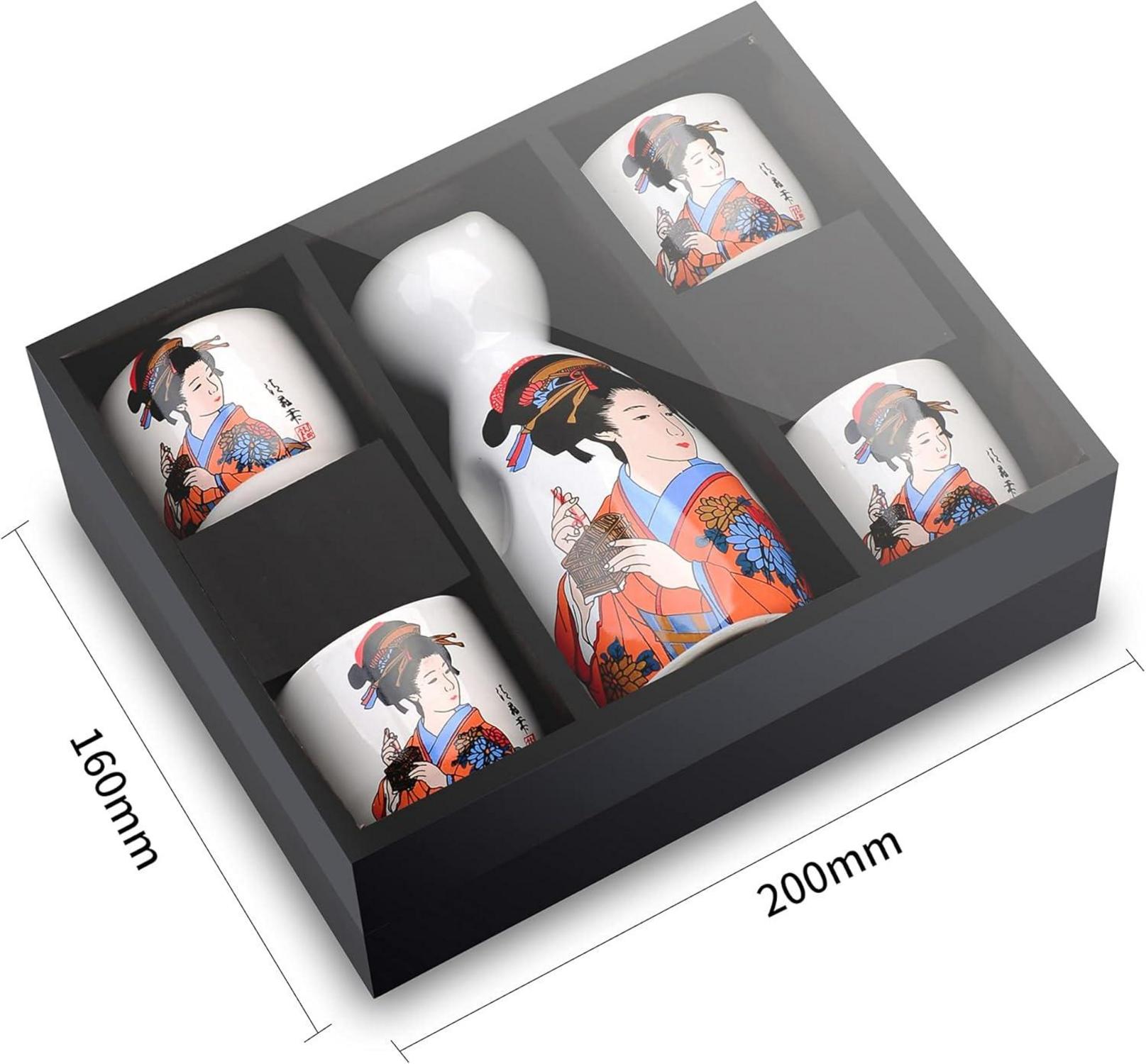 Japanisches Sake Set aus Steinzeug, 5-teilig, handbemalt, Geschenkverpackung