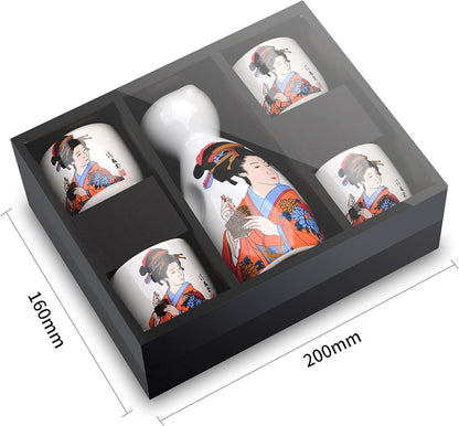 Japanisches Sake Set aus Steinzeug, 5-teilig, handbemalt, Geschenkverpackung