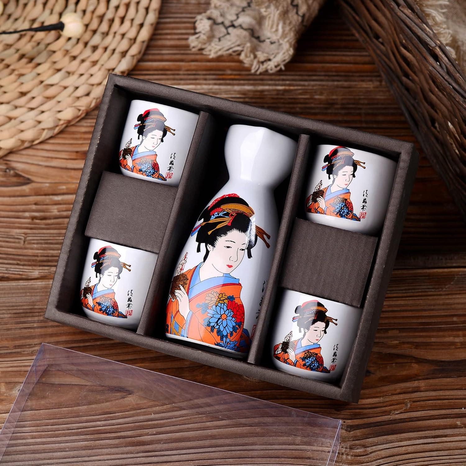 Japanisches Sake Set Steinzeug 5-tlg. 1 Flasche 4 Becher