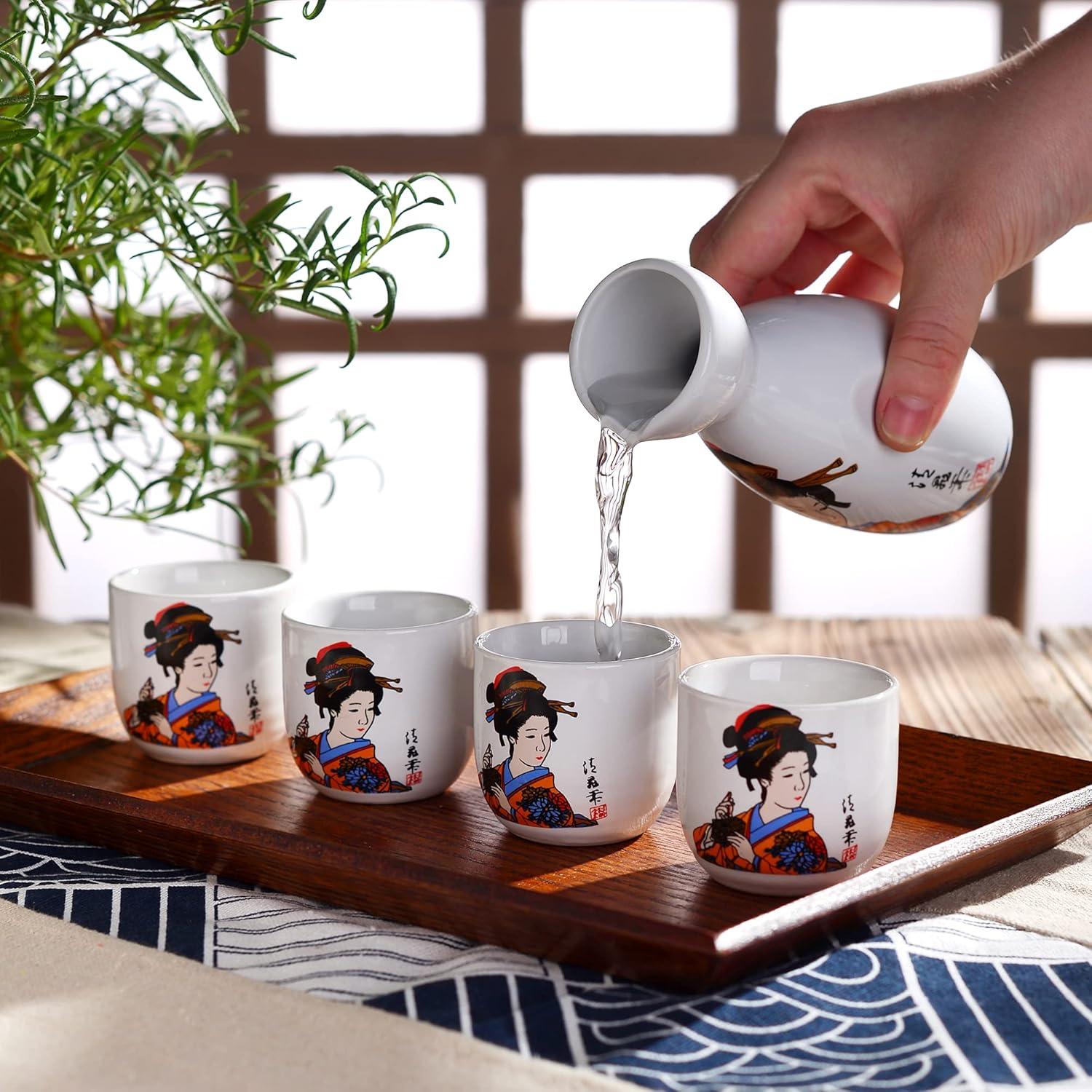Japanisches Sake Set aus Steinzeug, 5-teilig, handbemalt, Geschenkverpackung