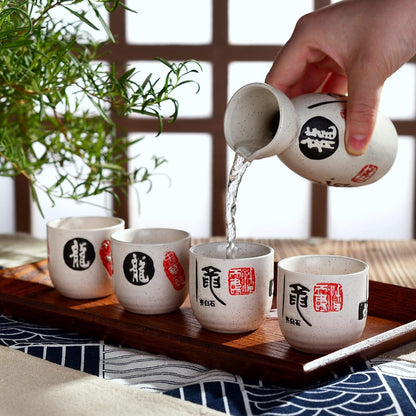 5-teiliges Japanisches Sake Set aus Steinzeug - Sushi Tassen