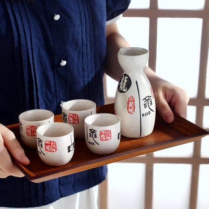Panbado Japanisches Steinzeug Sake Set 5-teilig 1 Flasche 4 Tassen
