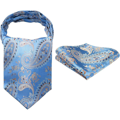 Herren Ascot Krawattenschal & Einstecktuch Set Blau/Gold