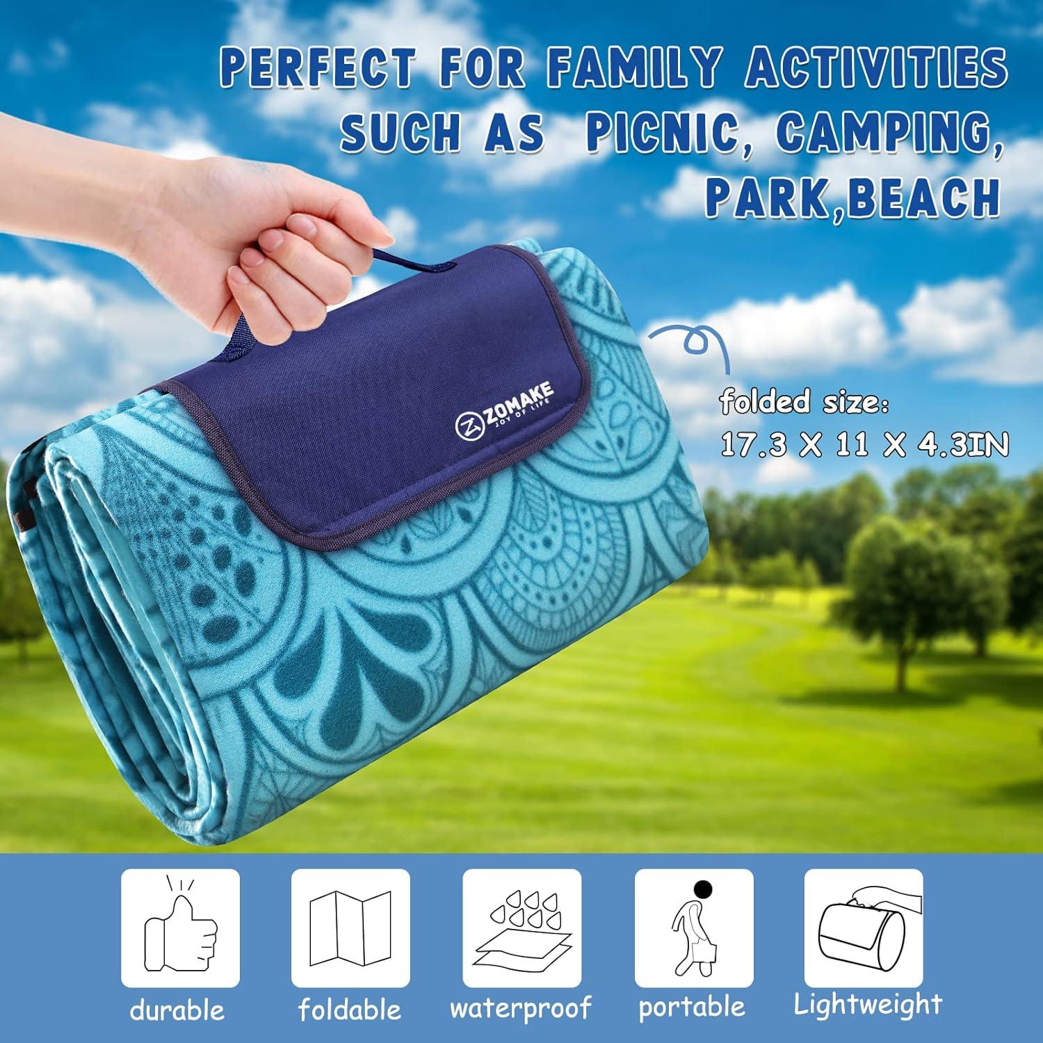 ZOMAKE Picknickdecke Wasserdicht 200x200 Alubeschichtung Tragegriff Blau