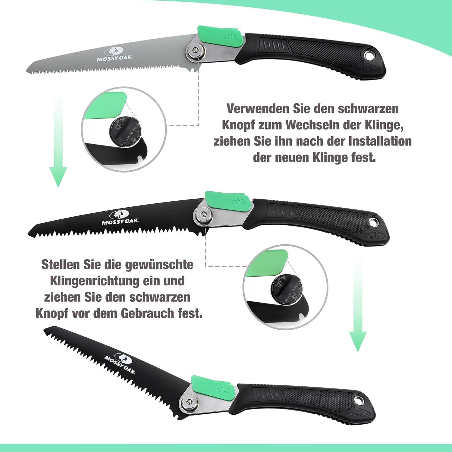 Mossy Oak Klappbare 3-in-1 Handsäge mit 3 Klingen - Cr-V - 19cm - Multifunktions Astsäge