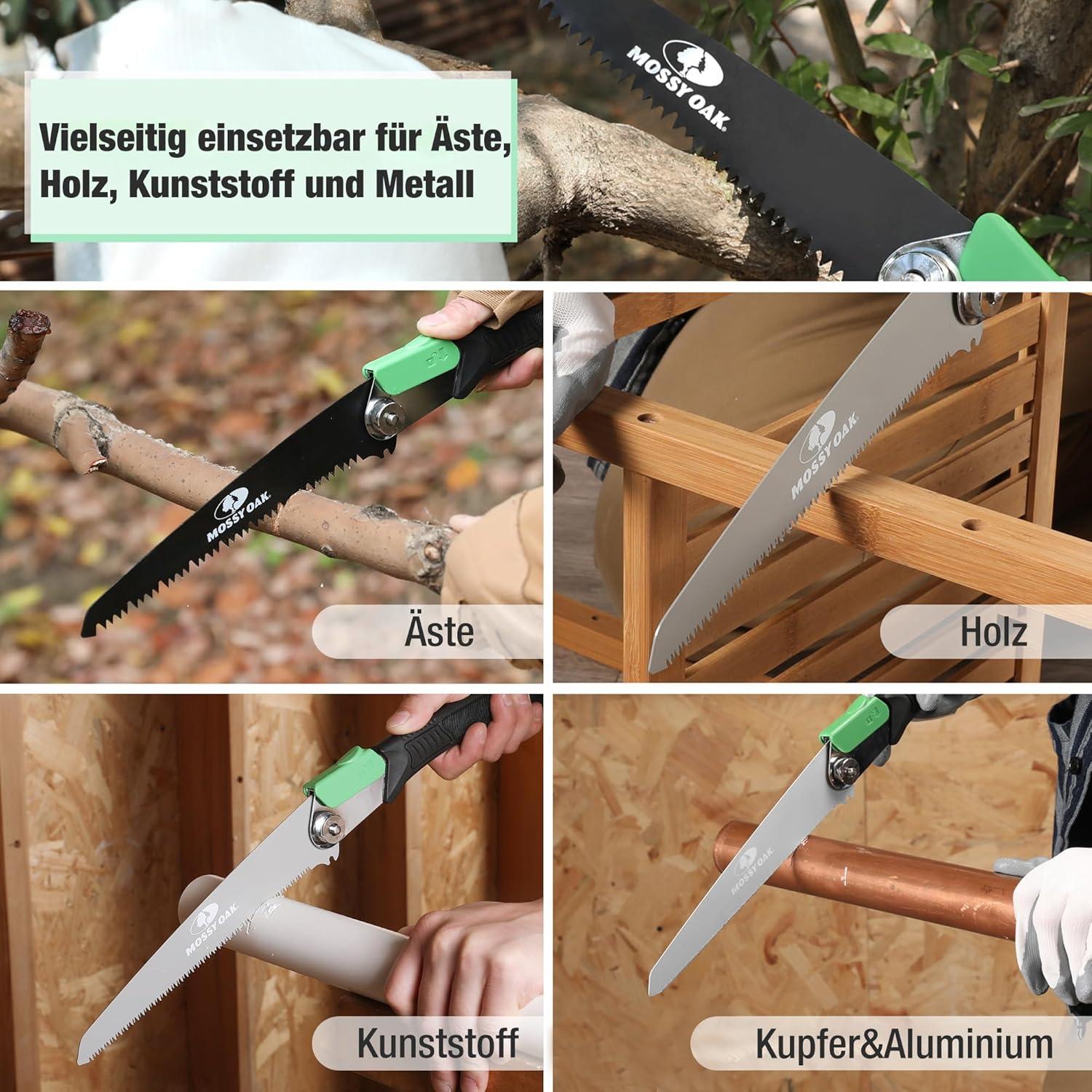 Mossy Oak Klappbare 3-in-1 Handsäge mit 3 Klingen - Cr-V - 19cm - Multifunktions Astsäge