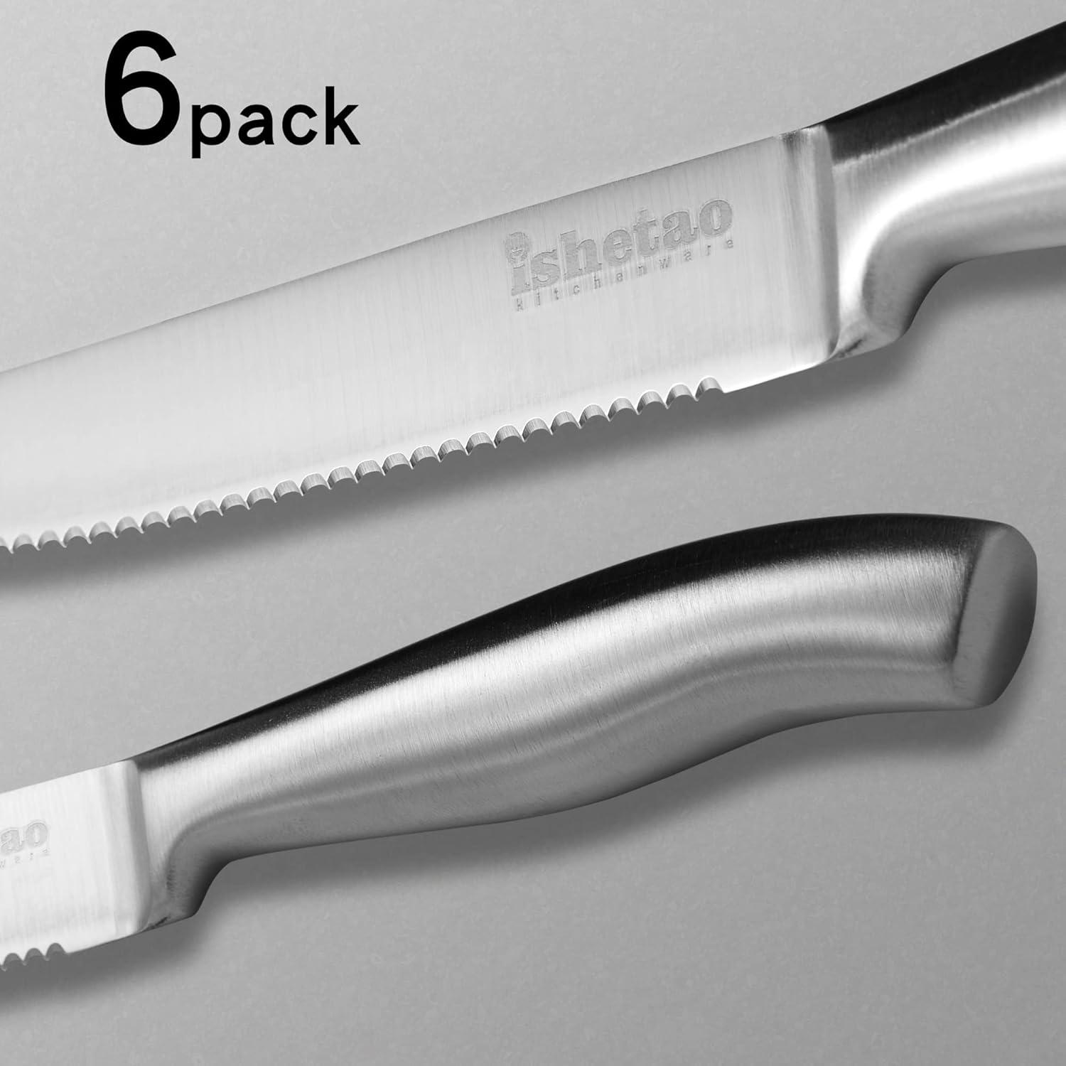 6-teiliges Steakmesser-Set mit Wellenschliff, 12 cm, Edelstahl
