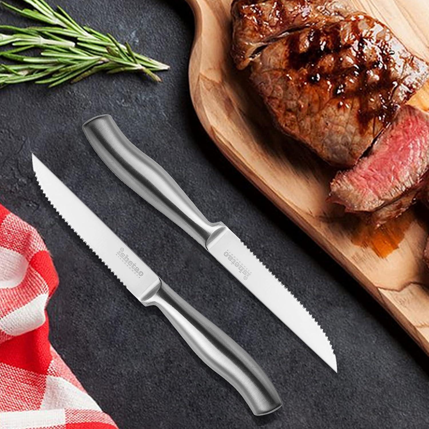 isheTao Steakmesser Set 6-teilig Wellenschliff Edelstahl 12 cm Silber