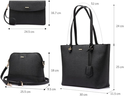 LOVEVOOK Damen Handtasche Set Blau Schwarz Leder Groß 3-teiliges Set