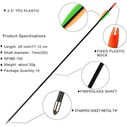 12x Fiberglaspfeile 28/26 Zoll für Bogenschießen
