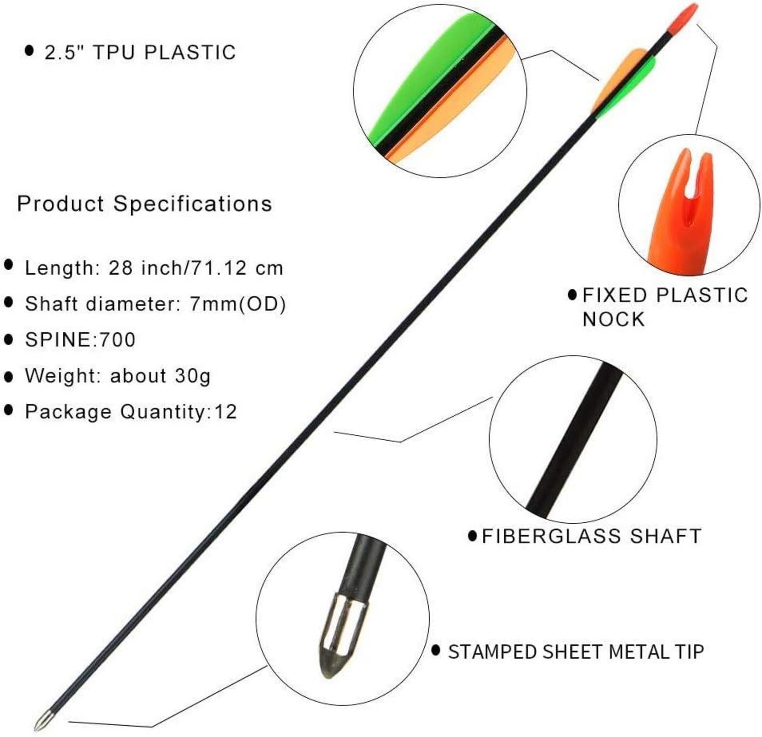 12x Fiberglaspfeile 28/26 Zoll für Bogenschießen