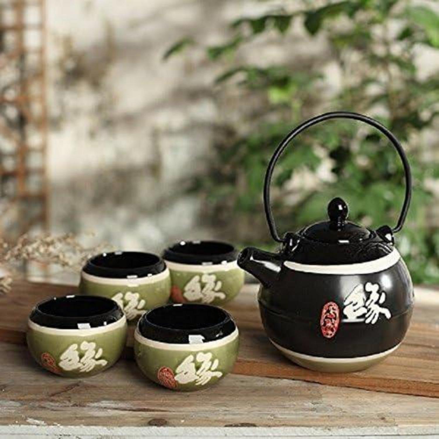 Japanisches Teeset aus Steinzeug, Teekanne 700 ml und 4 Teetassen 150 ml, Geschenk für Weihnachten