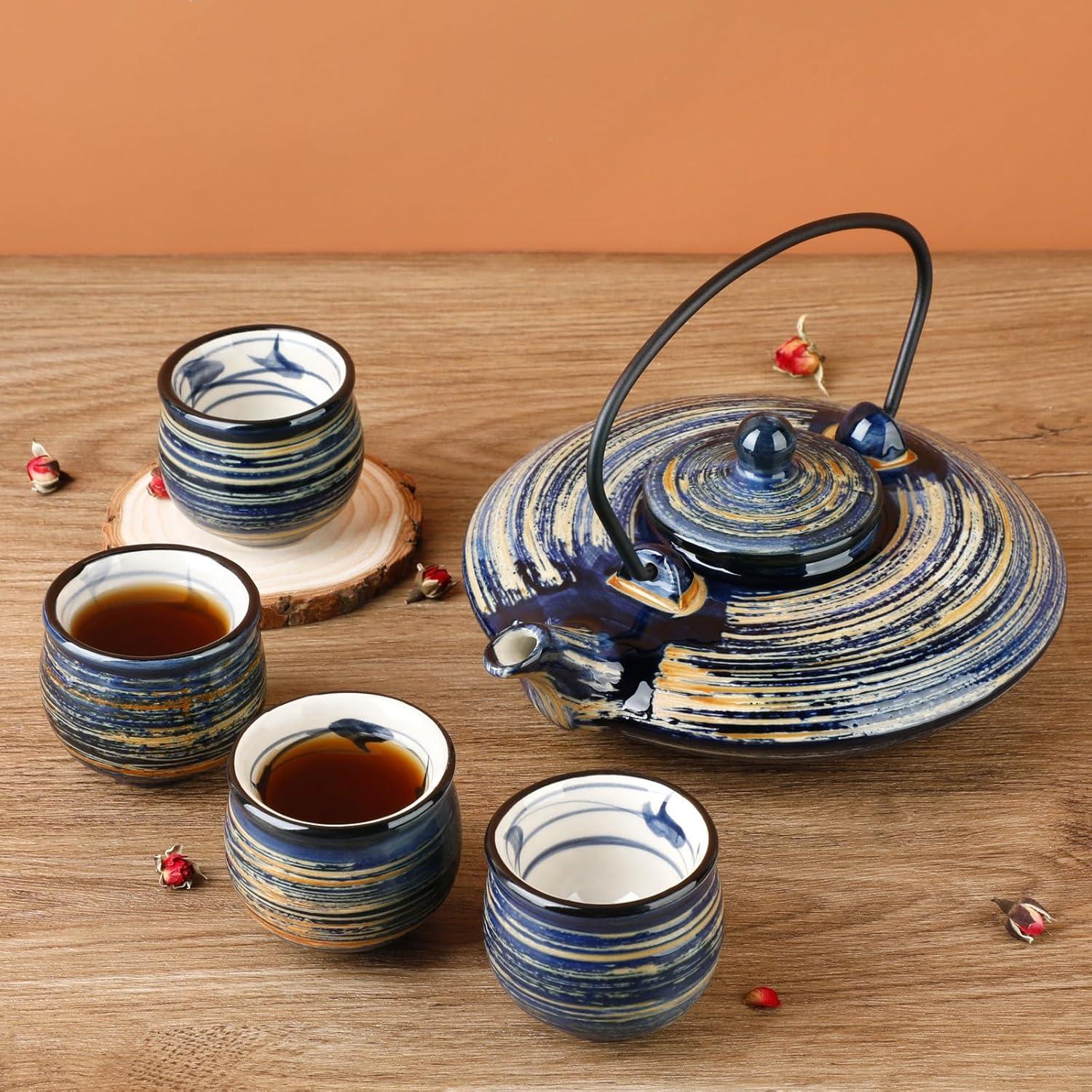 Teekanne Set aus Steinzeug 800 ml, 4 Teetassen 50