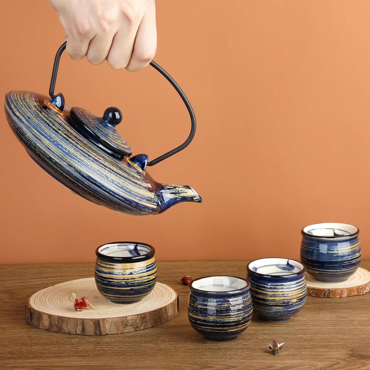 Panbado Japanisches Tee Set 800ml Teekanne 4 Teetassen Steinzeug