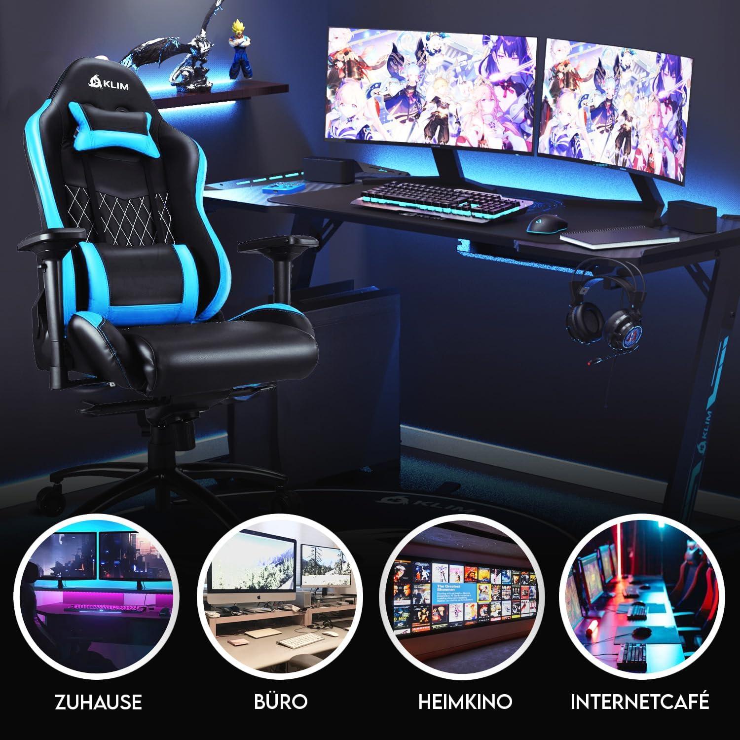 Ergonomischer KLIM Esports Gaming Stuhl mit Lenden- und Nackenstütze - Blau