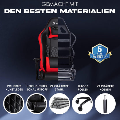 KLIM Esports Gaming Stuhl mit Lenden- und Nackenstütze - Roter Gamer Chair