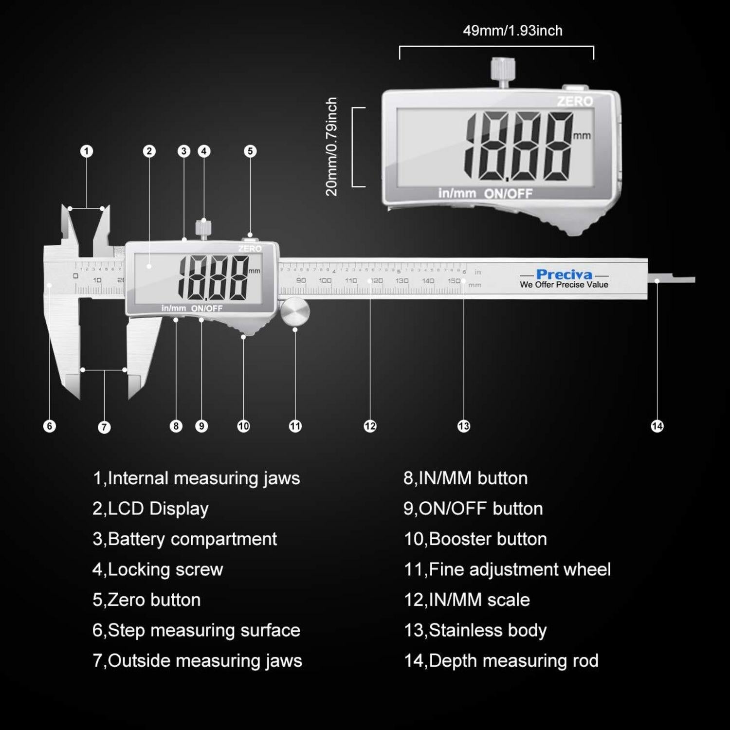 Digitale Messschieblehre Edelstahl 150 mm Spritzwasserdicht Staubdicht Blau