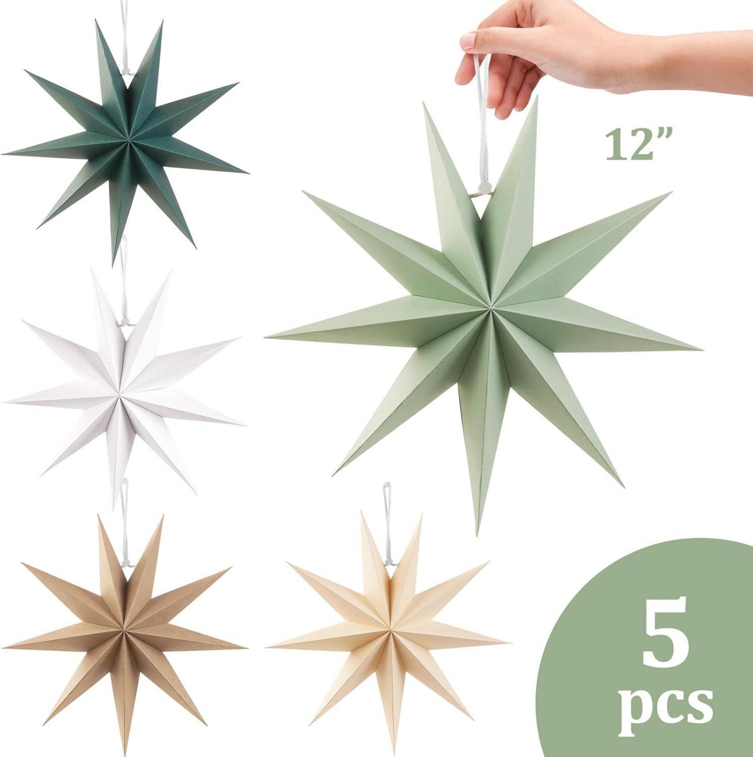Papiersterne 30cm Weihnachtsdekoration 5er Set 9 Zacken Dunkelgrün