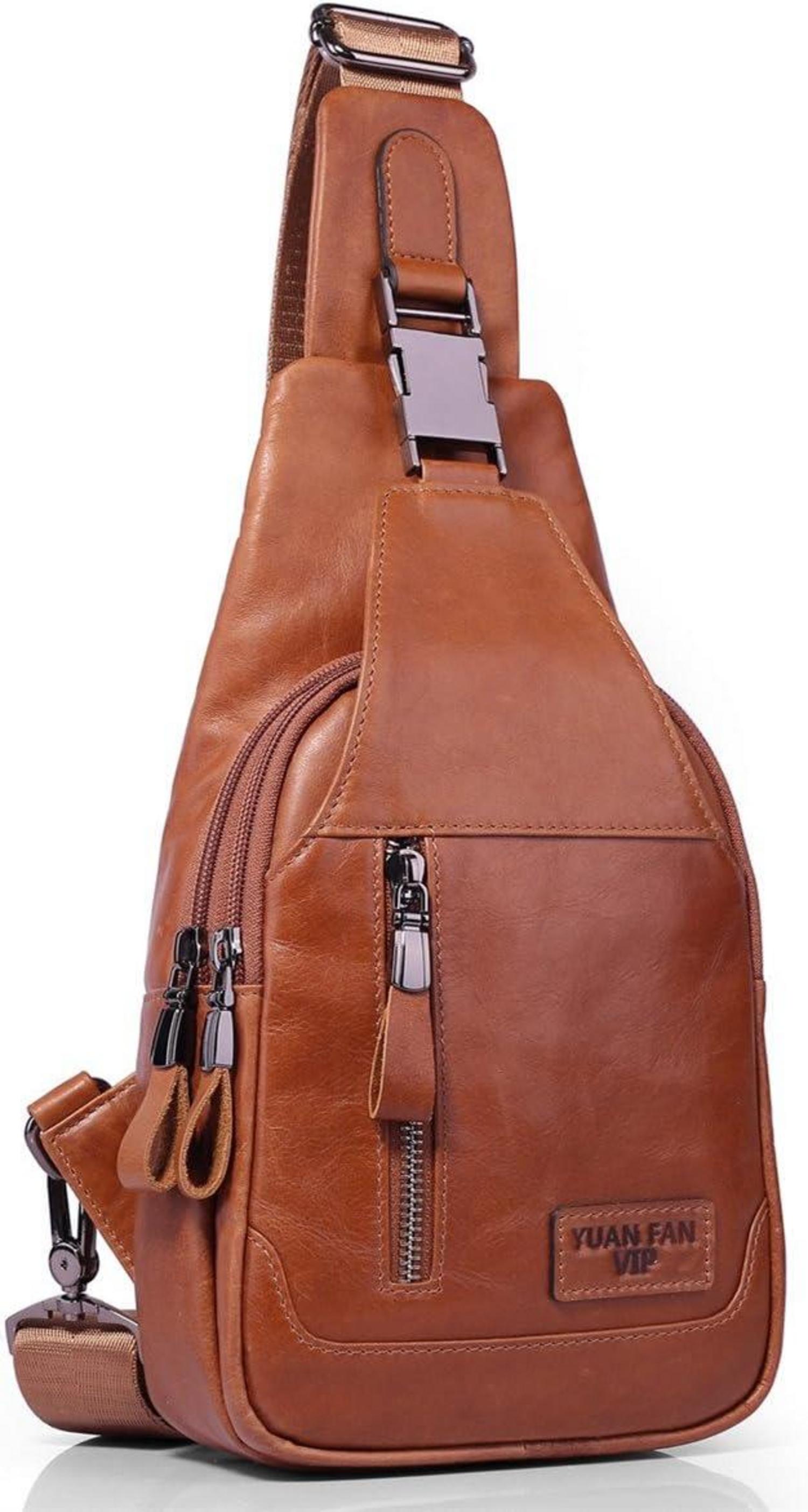 Leathario Herren Brusttasche echtes Leder Schultertasche Braun