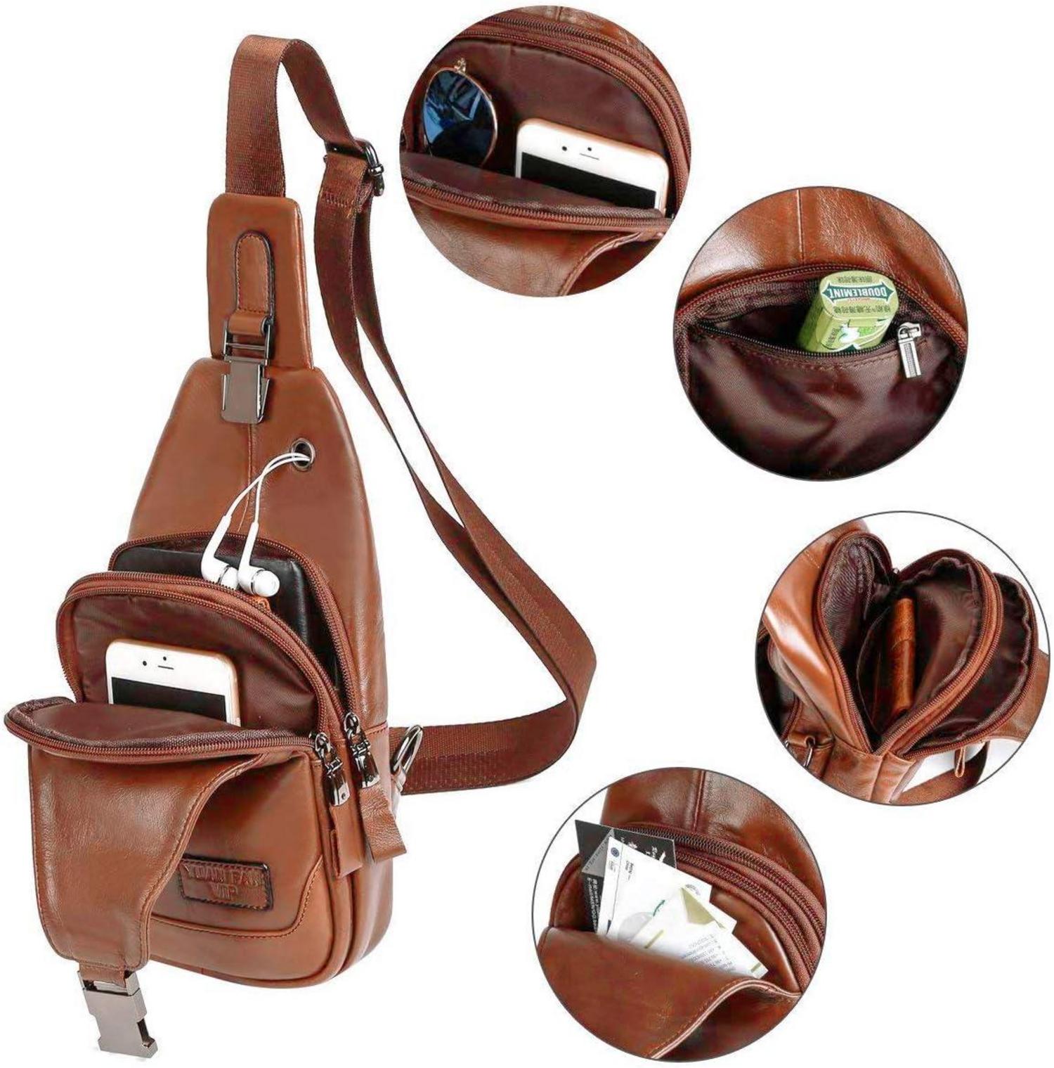 Echtes Leder Brusttasche Herren Schultertasche Rucksack Braun