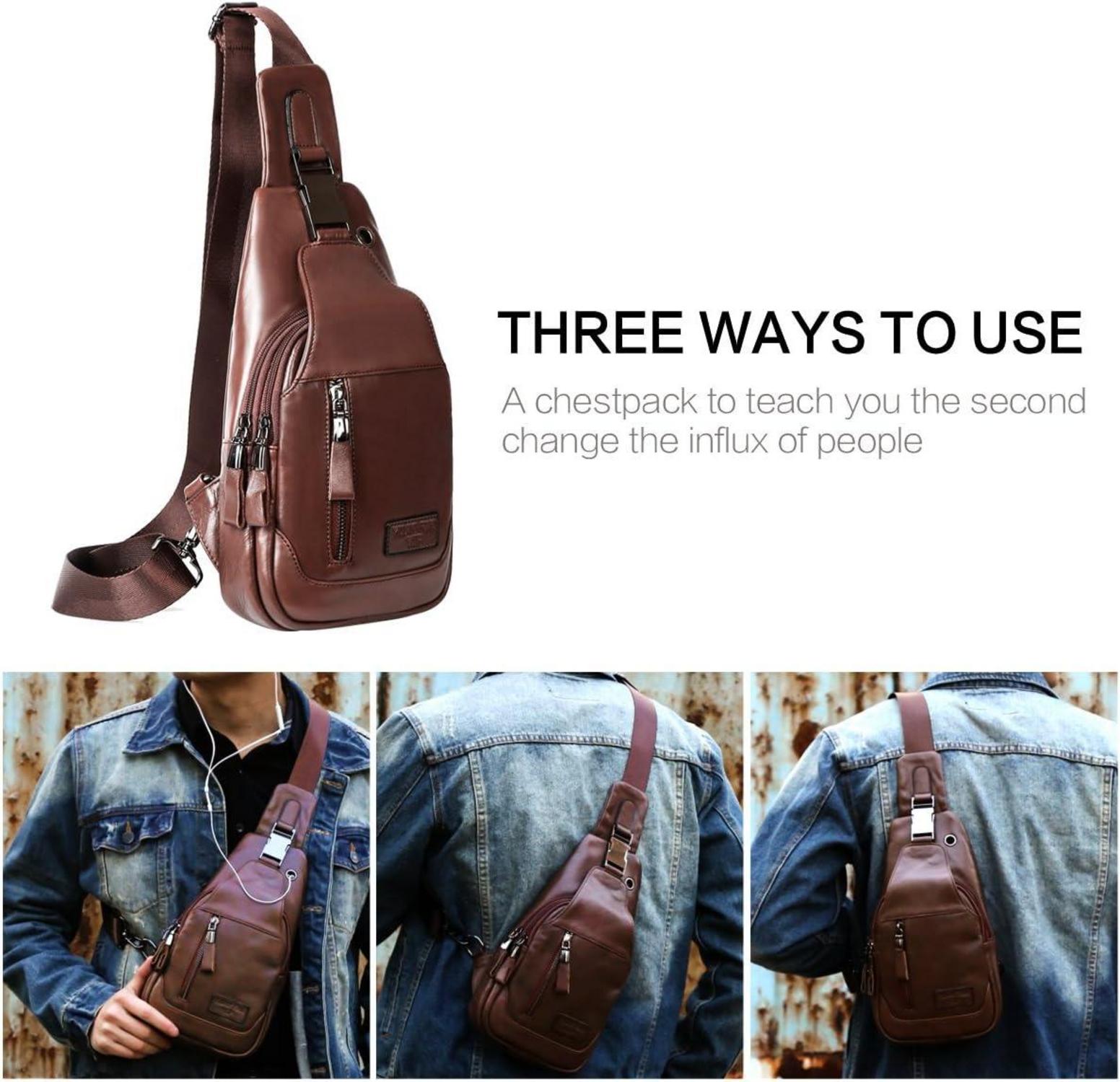 Leathario Herren Brusttasche Umhängetasche echtes Leder Braun