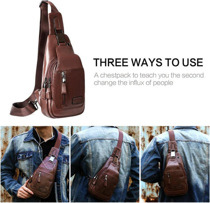 Leathario Herren Brusttasche Umhängetasche echtes Leder Braun