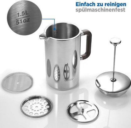 Doppelwandige French Press Kaffeebereiter 1.5L aus Edelstahl mit 3 Filtern