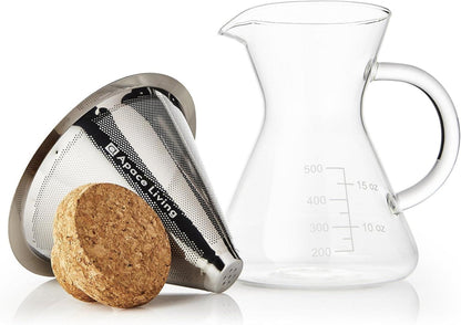 SultryBrew Pour Over Kaffeebereiter Glaskaraffe Edelstahlfilter 500ML
