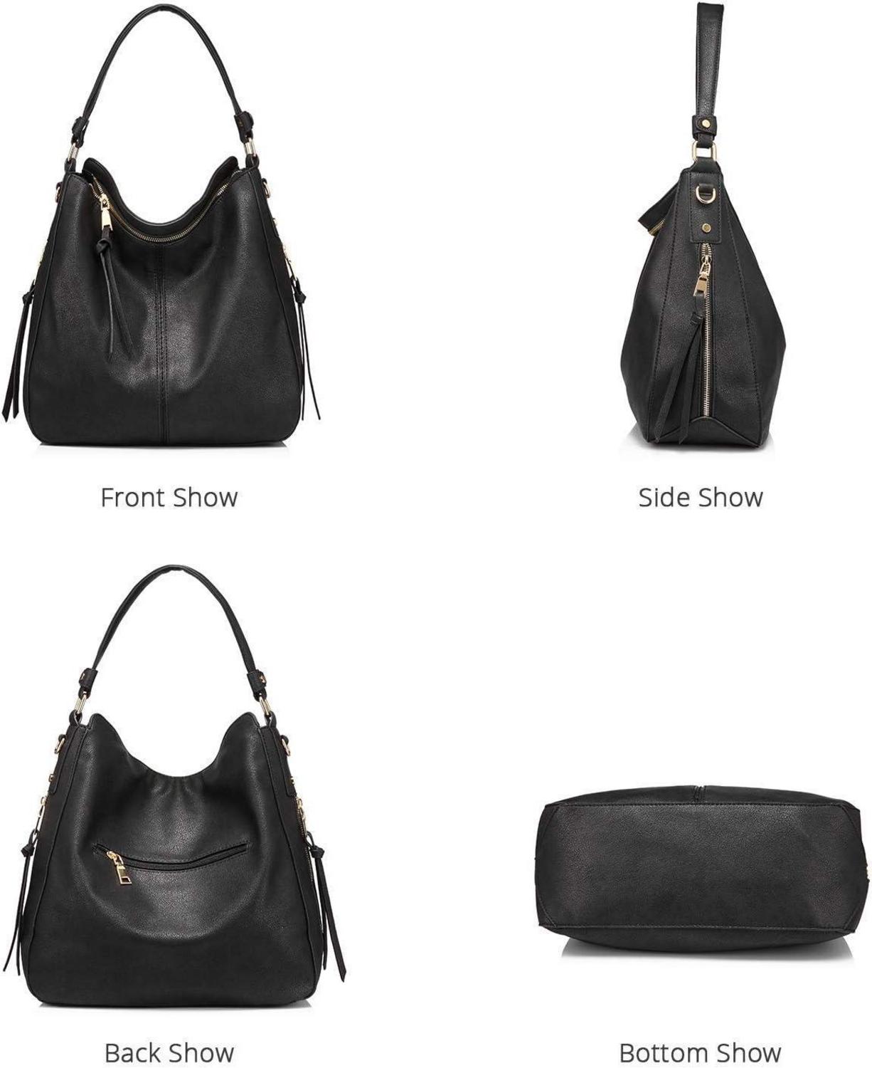 Schwarze Damen Umhängetasche Lederimitat Hobo Designer Tasche groß mit Quasten