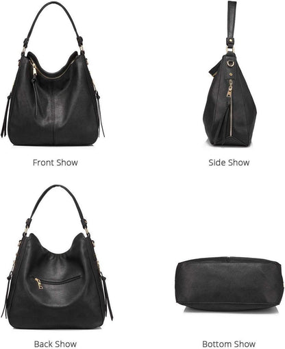 Schwarze Damen Umhängetasche Lederimitat Hobo Designer Tasche groß mit Quasten