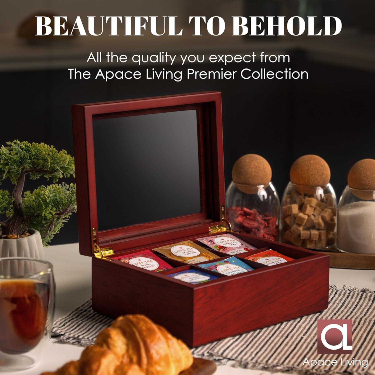 Teebox Holz 6 Fächer Aufbewahrung Teebeuteln Sichtfenster wasserdicht