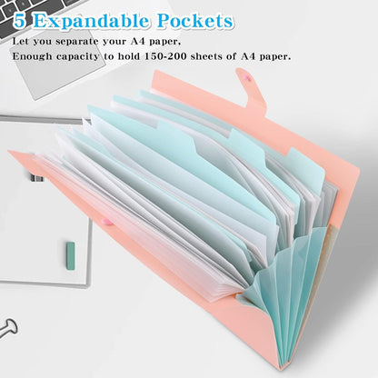 Yigou Fächermappe A4 Erweiterbar Tragbar 5 Taschen Pink Lightblue