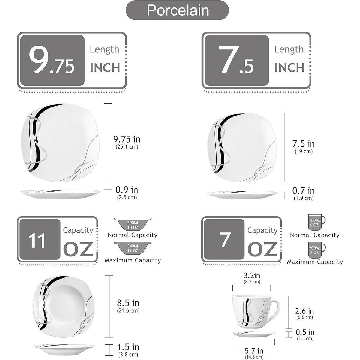 60-teiliges Tafelservice aus Porzellan mit Linien-Design für 4-12 Personen