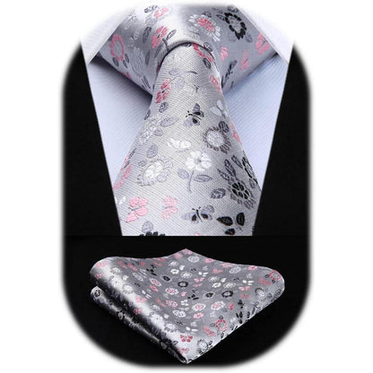 HISDERN Krawatten-Set Herren Seide Floral Grau/Rosa
