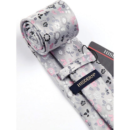 HISDERN Krawatten-Set Herren Seide Floral Grau/Rosa