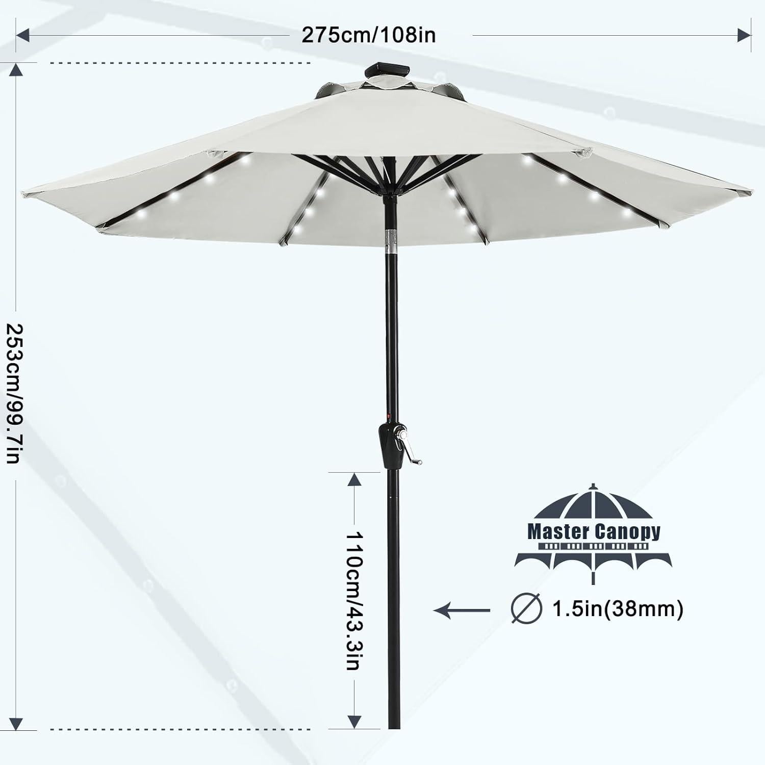 Sonnenschirm 270 cm mit Solar-LED, Gartenschirm 32