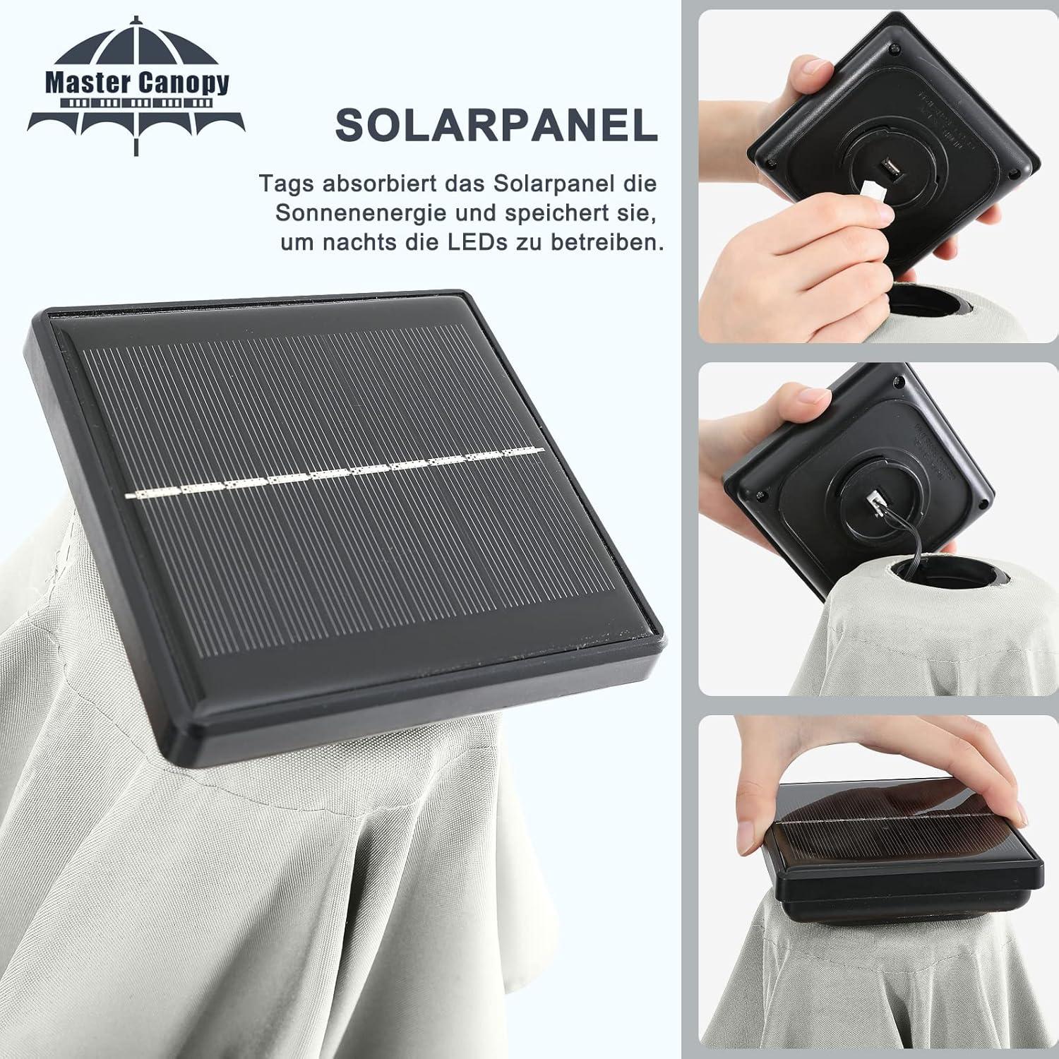 Sonnenschirm 270 cm mit Solar-LEDs 32 Lichter und 8 Rippen Grau