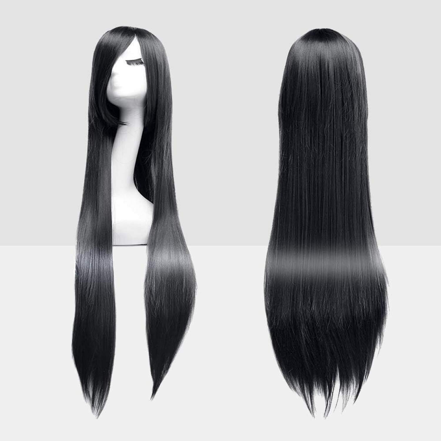 Perücke Schwarz 100cm Glatt mit Haarnetz - Cosplay Wig