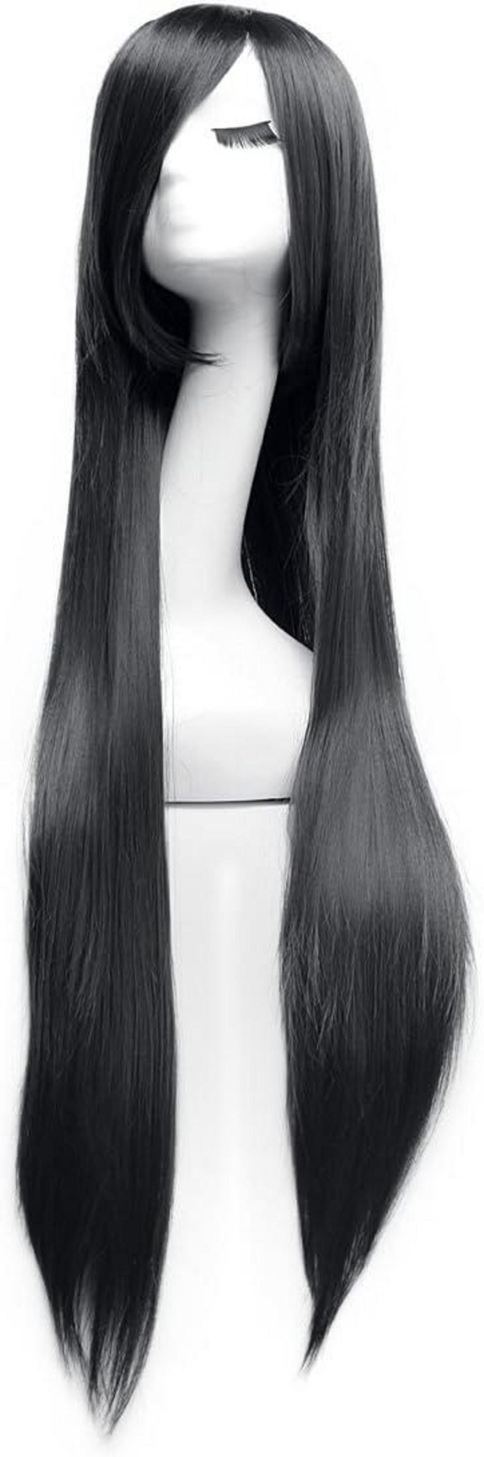 Schwarze Cosplay Perücke 100cm Lang mit Haarnetz - Hochwertige Kunstfaser