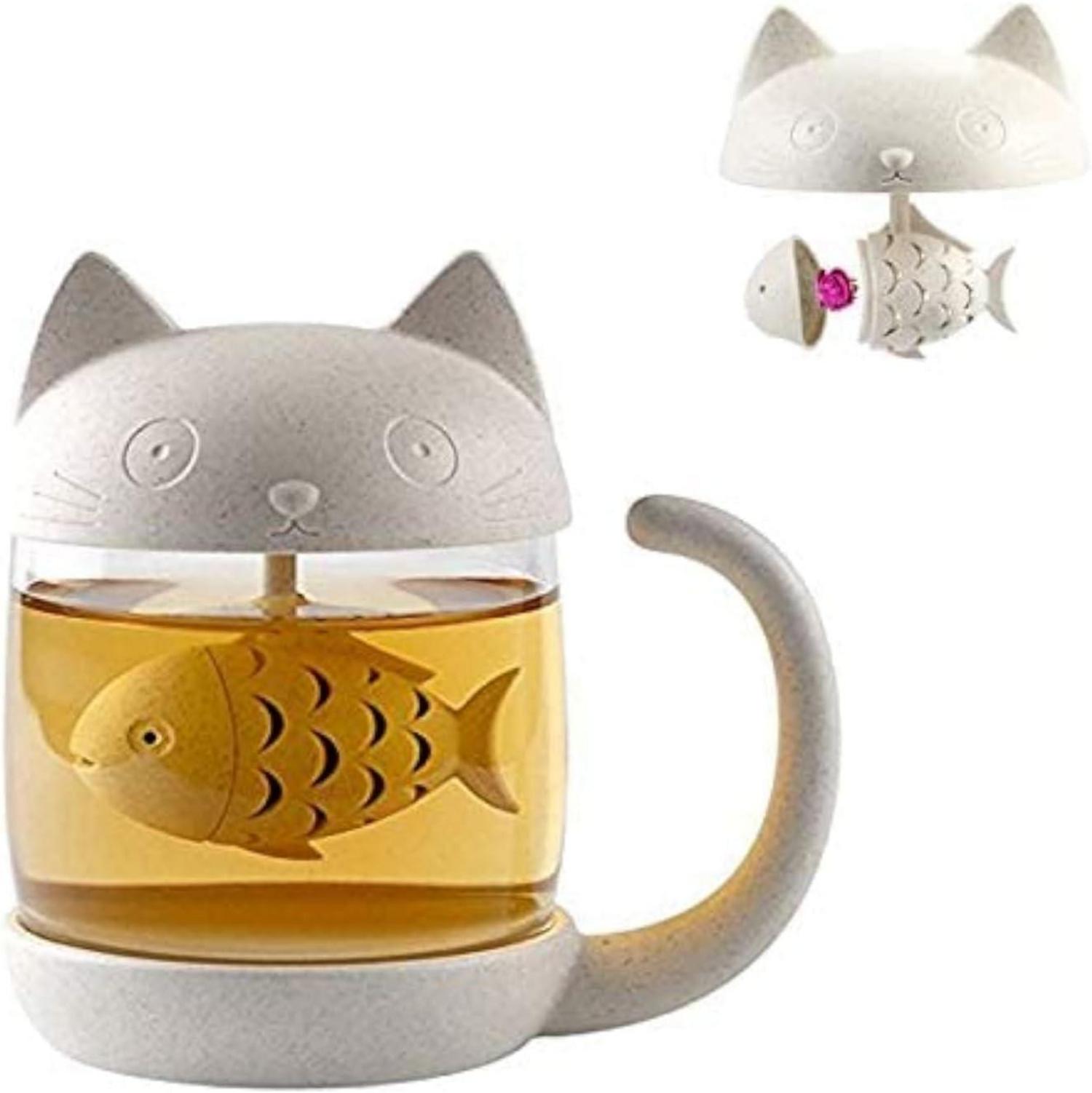 Katze Glas Tee Becher Tee-Ei Fischform Sieb 250ml Teetasse Deckel