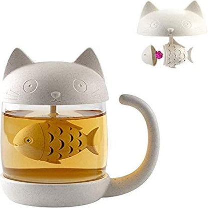 Katze Glas Tee Becher Tee-Ei Fischform Sieb 250ml Teetasse Deckel