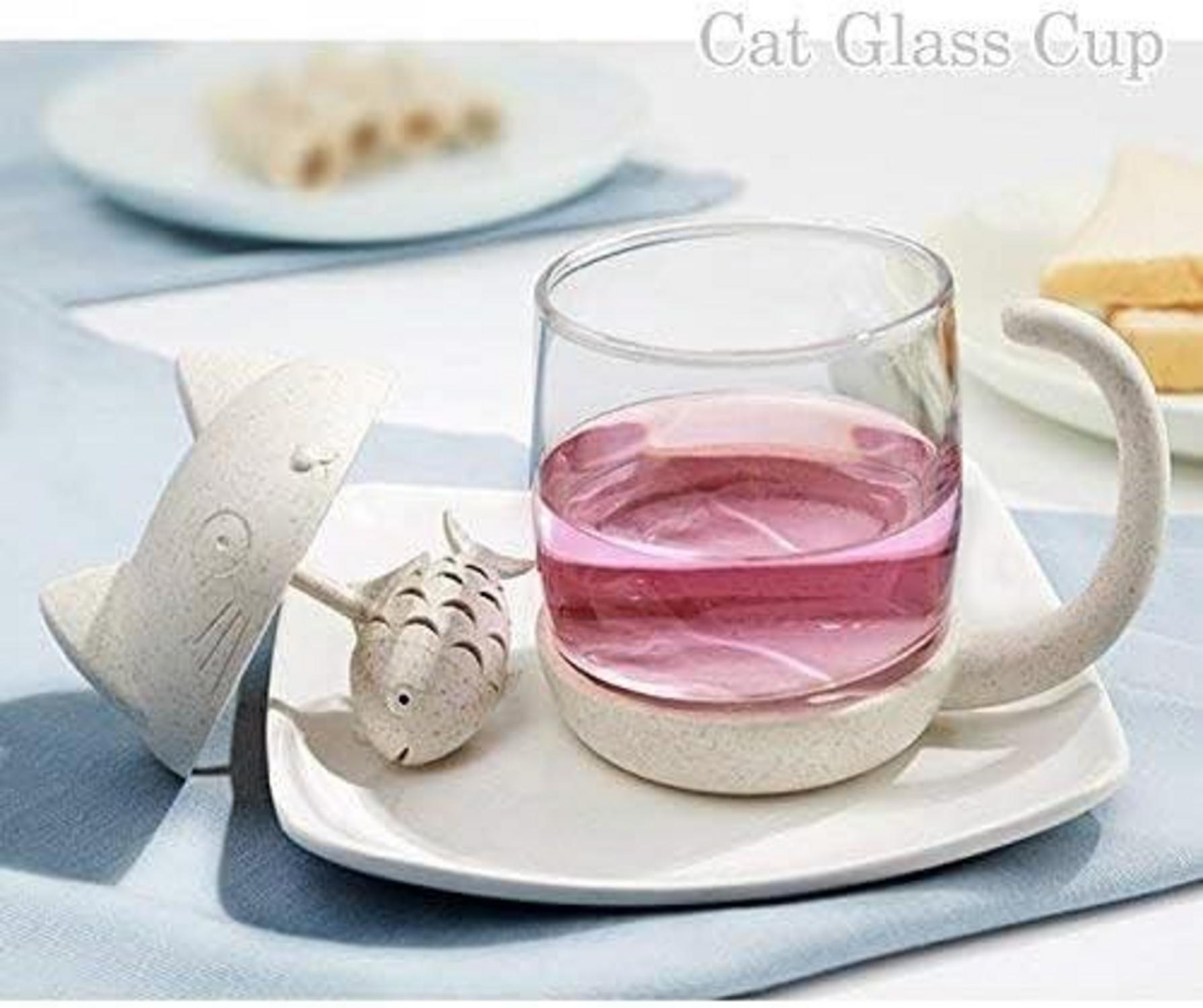 Katze Glas Tee Becher 250ml mit Tee-Ei in Fischform