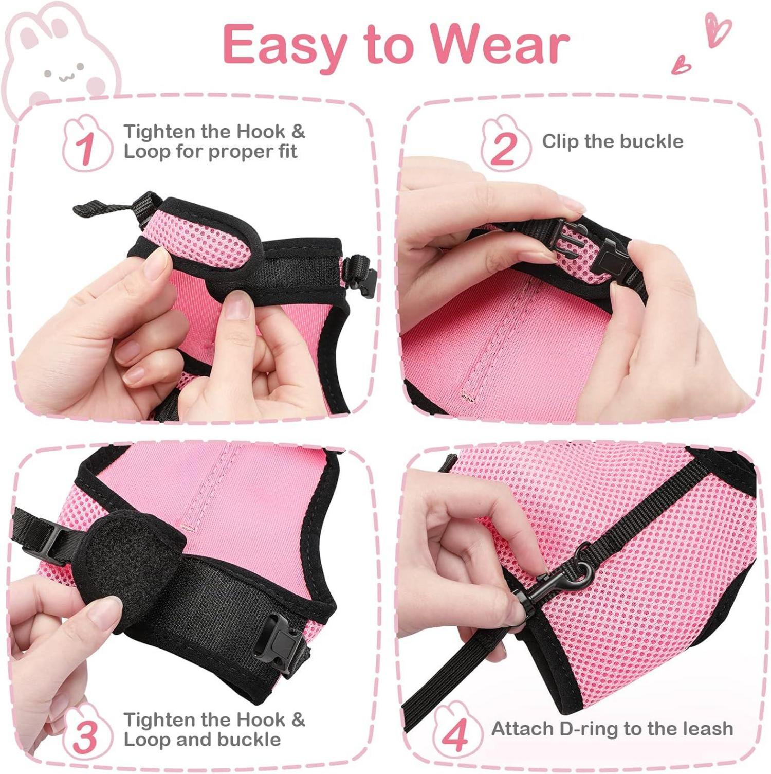 Verstellbares Kaninchen Geschirr mit Elastischer Leine für Kleine Tiere - Rosa - L(Brust