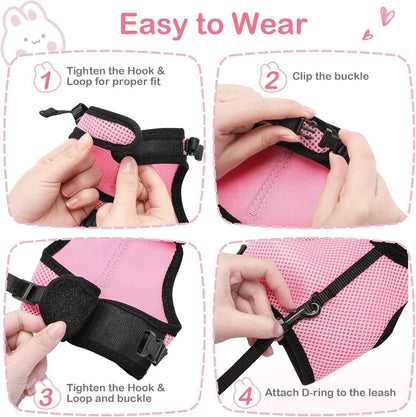 Verstellbares Kaninchen Geschirr mit Elastischer Leine für Kleine Tiere - Rosa - L(Brust