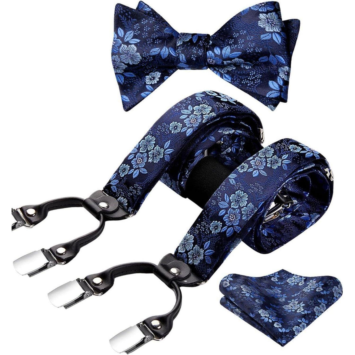 HISDERN Herren Hosenträger Set mit Fliege und Einstecktuch Blau Floral