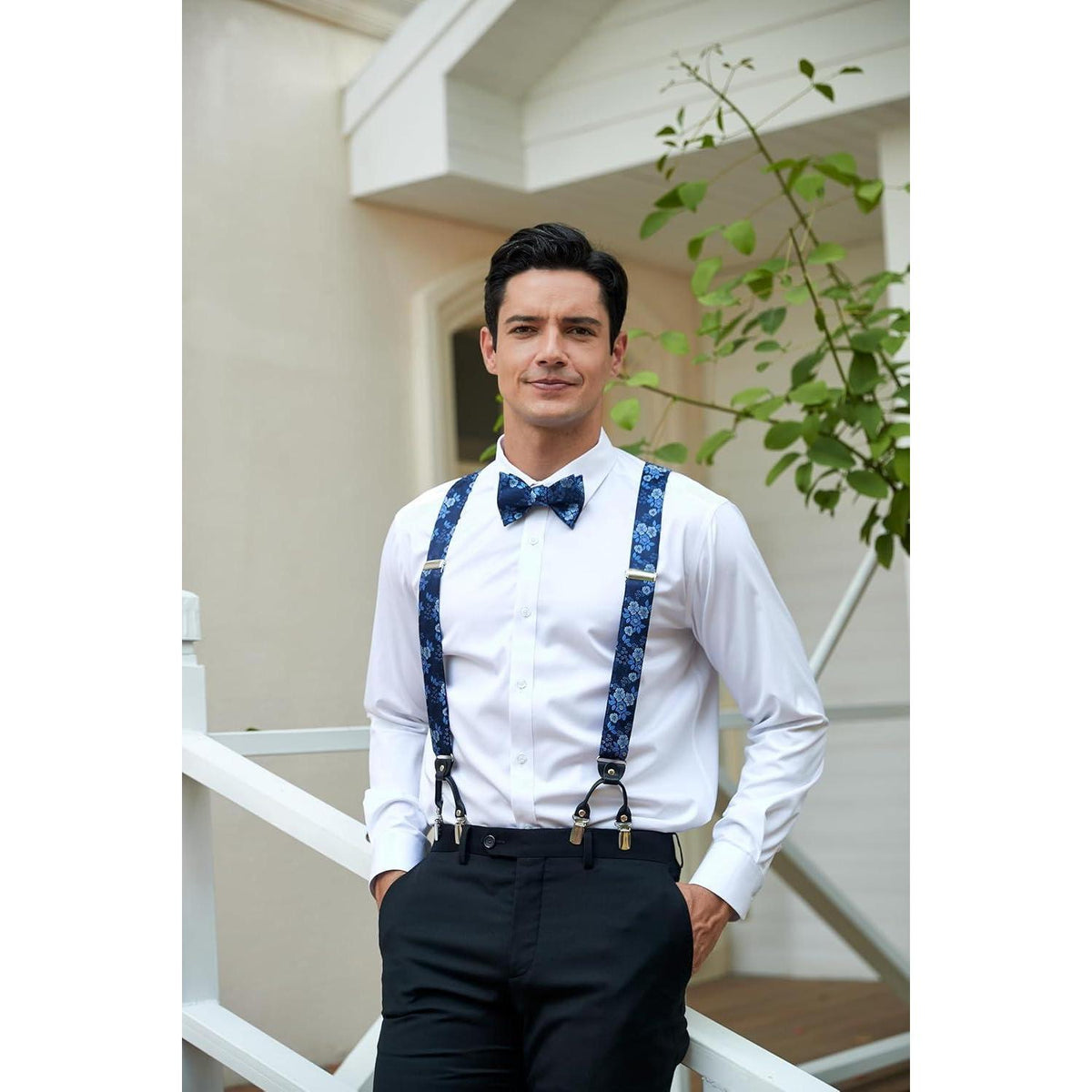 HISDERN Herren Hosenträger Set mit Fliege und Einstecktuch Blau Floral