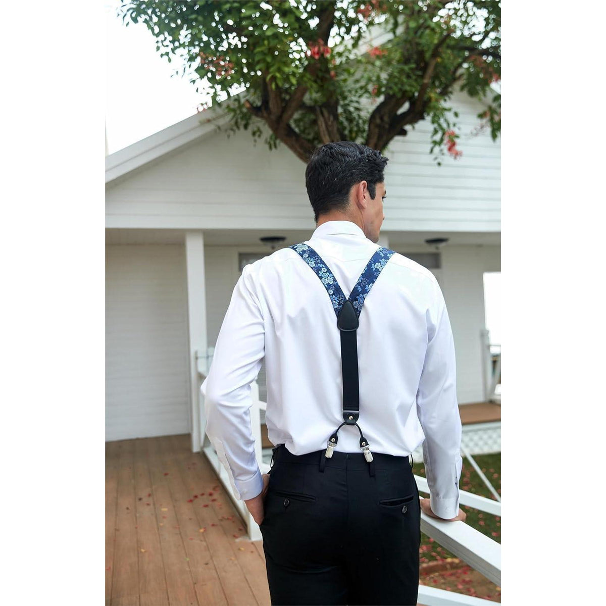 HISDERN Herren Hosenträger Set mit Fliege und Einstecktuch Blau Floral